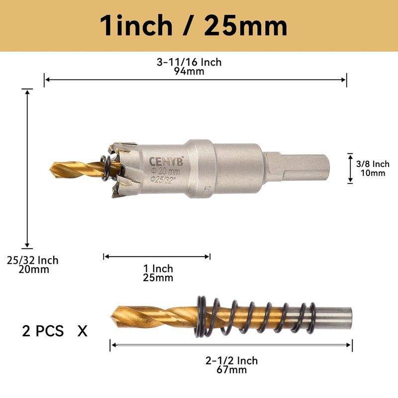 cenyb 25/32"(20mm) Tungsten Carbide Tipped Hole Saw with 2Pcs Titanium-Plated Pilot Drill Bits for Hard Metal,Stainless Steel,Iron,Aluminum Alloy,Wood and Plastic - Image 2